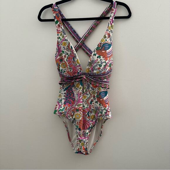 Trina Turk Multicolor Geometric Deep V-Neck Cross Back Sleeveless Swimsuit 10 - Picture 1 of 7